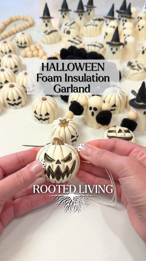Comment BOO for the links to supplies I used — Insulation Foam Halloween Garland -  Ghost Garland, Pumpkin Garland, Love throwing the rules out the window when it comes to some craft supplies. 😂 If my brain has an idea, I’m going to try it—even if the products I’m reaching for were never intended to be used that way!

That’s exactly what happened with this Halloween garland. I used silicone molds and insulation foam in two very unconventional ways, and I couldn’t be happier with how these little pieces turned out! I’m loving the retro vintage vibe, especially keeping them black and white with just a touch of gold to make the details pop.

Eventually, this string garland will make its way to my fireplace once I get all of my Halloween decorating finished, and I think it’s going to be SO cute!

Craft supplies, art supplies, random products… I say use them however your creative brain tells you to. There are no rules when it comes to creating! #diy #handmade #crafts #home #insulation
