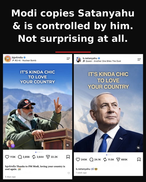 Israel’s Satanyahu posted a meme on Insta a week ago. Just 2 days later, BJP & Modi COPIED that meme. 

How deep is the connection between Modi & Israel? Did the Israelis provide “guidance” on the use of brutal force against protestors during the Jantar Mantar protests? Is Israel still providing Pegasus & other surveillance technologies to the Modi-Shah govt? 

Modi worships Satanyahu. And that alone should disgust anyone with an iota of humanity.