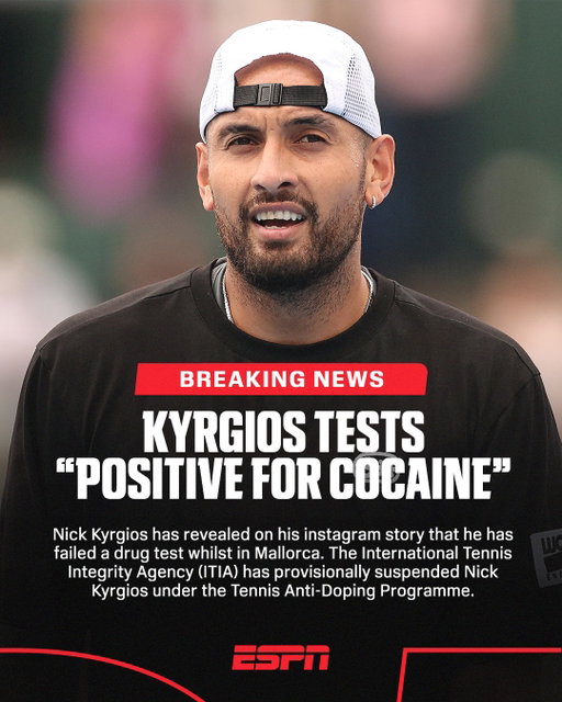 BREAKING: Kyrgios fails drug test

Nick Kyrgios has revealed he has failed a drug test whilst in Mallorca, testing positive for cocaine. He has been provisionally suspended by the International Tennis Integrity Association.