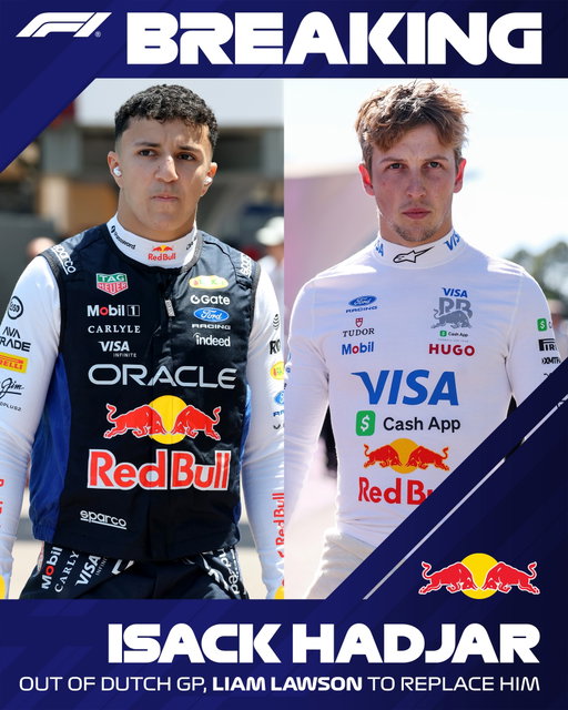 BREAKING: Isack Hadjar will miss this weekend's Dutch Grand Prix due to injury

Liam Lawson will replace him at Red Bull Racing

We hope to see Isack soon after a speedy recovery!

#F1 #Formula1 #DutchGP