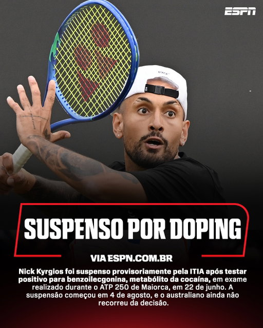 🚨SUSPENSO POR USO DE COCAÍNA 

Uma verdadeira bomba explodiu no mundo do tênis nesta quarta-feira (19). Nick Kyrgios foi suspenso provisoriamente pela Associação Internacional de Integridade do Tênis (ITIA) após testar positivo para cocaína em Maiorca.

“A Agência Internacional de Integridade do Tênis (ITIA) suspendeu provisoriamente o tenista australiano Nick Kyrgios no âmbito do Programa Antidoping do Tênis”, disse o órgão em um comunicado.

“Peço desculpas aos meus fãs, à minha família, aos meus patrocinadores e a todos os que me são próximos. Acima de tudo, peço desculpas às crianças que me acompanham. Sei o exemplo que isso representa e estou profundamente decepcionado comigo mesmo”, escreveu Kyrgios nas redes.

#TenisNaESPN #NickKyrgios #Tenis
