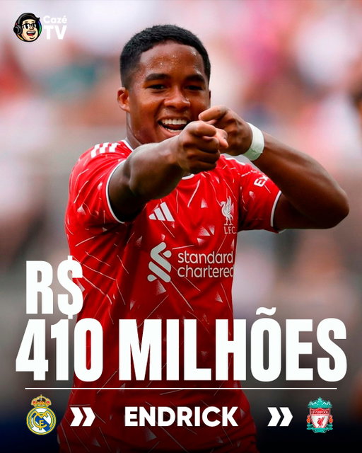 ENDRICK NO RADAR DO LIVERPOOL!👀 O clube inglês prepara uma proposta de 65 MILHÕES DE EUROS pelo Endrick, cerca de R$ 410 MILHÕES. O brasileiro pertence ao Real Madrid e a versatilidade do jogador é um dos motivos do interesse dos Reds. Será que vem aí? 

🗞️ Mundo Deportivo 

#CoberturaCazéTV #Endrick #Liverpool #FutInter #cztv11