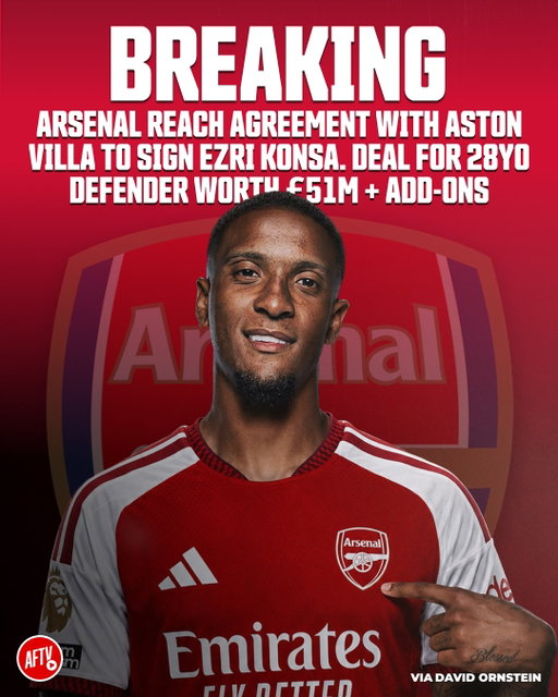 🚨 𝐁𝐑𝐄𝐀𝐊𝐈𝐍𝐆: Arsenal have agreed a deal to sign Ezri Konsa worth £51m plus add-ons! ✅🔴

Konsa said goodbye to his Villa team-mates on Wednesday and is expected to undergo his Arsenal medical on Thursday. ⏳

𝐊𝐎𝐍𝐒𝐀 𝐈𝐒 𝐂𝐎𝐌𝐈𝐍𝐆 𝐓𝐎 𝐀𝐑𝐒𝐄𝐍𝐀𝐋! 🔥