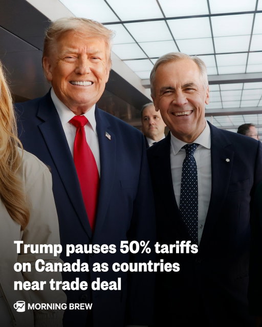 Isn’t being neighborly nice?⁣
⁣
In a post on Truth Social late Tuesday night, President Trump announced he had paused imposing 50% tariffs on various Canadian imports just before the policy was set to kick in at midnight.⁣
⁣
Trump went on to say in the post that the reason for the pause is the U.S. and Canada having reached a deal (subject to the finalization of documents). The alleged deal comes after Canadian Prime Minister Mark Carney and President Trump held trade talks throughout Tuesday.⁣
⁣
The tariffs, if imposed, would have impacted goods like wine and hockey sticks. President of the Canadian Federation of Independent Business (CFIB) Dan Kelly told CNBC that “A 50% tariff essentially makes a product uneconomic to sell into a particular market”. Many of CFIB’s 103,000 members told Kelly that the tariffs would be catastrophic for their business.⁣
⁣
Thankfully for them, it seems like the tariffs will not come to pass.⁣
⁣
📸: Getty