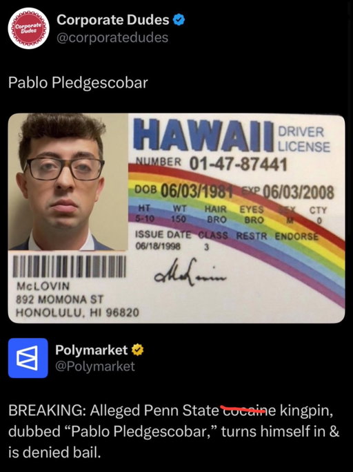 13 Penn State fraternity brothers charged with running a major c*caine trafficking ring, with some pledges allegedly forced to cut & package blow as part of their “indoctrination” into the frats

The kingpin dubbed “Pablo Pledgescobar” has already turned himself in and denied bail