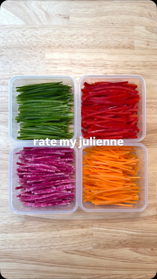 How to Julienne Vegetables 🌶️🥒🥕🫜 KNIFE CUTS EVERY COOK SHOULD KNOW - ep.2

INSTRUCTIONS ⬇️

1. Start off by peeling your vegetables - in most cases, when dealing with root vegetables in particular, the peel will not be used. However, with softer vegetables like cucumber and bell peppers, the skin is essential! 
2. Cut your vegetables into segments. Technically speaking, a Julienne is meant to be between 2 and 3 inches long. Cut your segments accordingly! From here, you can square off your segments to make sure they lay flat on all sides, and don’t have any irregular edges. 
3. Cut your vegetables into sheets. You want your sheets to be an even 3mm thick. You can use a knife do do this, however, a mandolin is very useful as well! Just be VERY careful when using a mandolin, especially with root vegetables. 
4. Once you have your vegetable "sheets" stack them in piles of 4-5 (any more, and your pile will likely shift around). Using a similar motion to a chiffonade, cut your sheets into thin batons that are as wide as the sheets are thick (you’re looking for 3mm x 3mm). Work slowly and methodically - the more focused you are, the more precise your cuts will be. 
5. Serve your julienne in a salad or slaw of your choice, and enjoy! 

#knifeskills #julienne #frenchcooking #homecooking #recipe