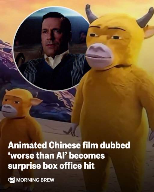 Odysseus who? We’re talking Niu Lai.⁣
⁣
Niu Lai is the new Chinese animated film about a cartoon calf that’s drawing people to theaters in China. “Niu Lai”, which translates to “Here Comes the Cow,” was reportedly made for just $47 by a mother/son team. The duo provided all of the movie’s voices and released it through a production company that was formerly an interior decorating business.⁣
⁣
The online community mocked it over the weekend, calling it “worse than AI.” But as it turns out, not being made with AI eventually endeared the film to audiences.⁣
⁣
In the first 10 days after its Aug. 5 release, the film grossed only $1,140. But it’s earned $2.9 million since the viral negativity. Chinese ticketing platform Maoyan predicts Niu Lai can make ~$20 million when all is said and done.⁣
⁣
If you want to watch Niu Lai but don’t want to make the trip to Beijing, have no fear. The full movie is currently available on YouTube.⁣
⁣
📸: Dalian Jingyuan Culture Film and Television Media, Lionsgate