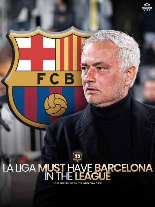 🚨🗣️ José Mourinho: “𝐋𝐀 𝐋𝐈𝐆𝐀 ‘𝐍𝐄𝐄𝐃𝐒’ 𝐓𝐎 𝐇𝐀𝐕𝐄 𝐁𝐀𝐑𝐂̧𝐀.” 👀😉

On the 𝐍𝐄𝐆𝐑𝐄𝐈𝐑𝐀 𝐂𝐀𝐒𝐄: “Before knowing that the name was José María Negreira, when I was here… sniff… I could already 𝐅𝐄𝐄𝐋 𝐒𝐎𝐌𝐄𝐓𝐇𝐈𝐍𝐆 𝐖𝐄𝐈𝐑𝐃. 👃😶‍🌫️

I didn’t know the name, who it was, if it was an 𝐀𝐋𝐈𝐄𝐍… sniff… it was weird.

A few years later, we know that it 𝐖𝐀𝐒𝐍’𝐓 𝐒𝐎𝐌𝐄𝐓𝐇𝐈𝐍𝐆 𝐖𝐄𝐈𝐑𝐃. The only weird thing is the 𝐉𝐔𝐒𝐓𝐈𝐂𝐄 𝐒𝐘𝐒𝐓𝐄𝐌. ⚖️

They must be 𝐁𝐑𝐀𝐕𝐄 enough to face this situation. They were in Italy with 𝐂𝐀𝐋𝐂𝐈𝐎𝐏𝐎𝐋𝐈.” 🚫🔴🔵

On whether he would like Lamine Yamal at Real Madrid: “𝐍𝐎. Great player, with a great margin for progression.

But we have a 𝐓𝐎𝐏 𝐒𝐐𝐔𝐀𝐃. These guys are my players now, and 𝐌𝐘 𝐏𝐋𝐀𝐘𝐄𝐑𝐒 𝐀𝐑𝐄 𝐓𝐇𝐄 𝐁𝐄𝐒𝐓.” 🤍 @elchiringuitotv