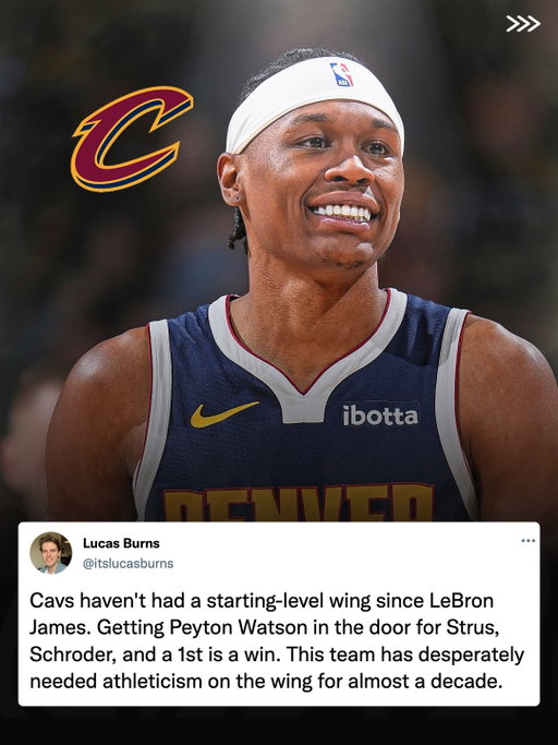 Peyton Watson is signing a 4-year $88m contract with the Cleveland Cavaliers in a 5-team trade🚨 

Love it for Cleveland. This franchise hasn’t had a starting-level wing since LeBron left. Since then, it’s been a revolving door of SGs and underwhelming wings in this starting SF role.

Whether you like Cleveland’s chances at a Finals run or not, they’ve been good enough to justify maximizing the Donovan Mitchell era while they can.

Cleveland still owns ‘28, ‘30, ‘32 and ‘33 first-round picks. They haven’t ruined their future for this. Their biggest risk remains having traded up ten years in age from Garland to Harden.

Speaking of Harden: after this trade, Cleveland will have a little less than $30m below the first apron hard cap to re-sign James Harden. Expect more news there sooner rather than later!

What do you think of this for Cleveland?🤔 I’ll have some less optimistic thoughts to share on Denver tomorrow