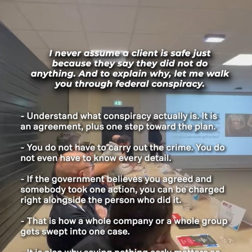 In federal cases, conspiracy can reach beyond the person who physically committed the crime. An alleged agreement and an act toward the plan can be enough for the government to bring serious charges.

Don't assume you're in the clear just because you didn't personally commit the underlying act.

Learn more in the free part of our course. Link in bio.

#FederalLaw #FederalCriminalDefense #Conspiracy #FederalInvestigation #CriminalDefense #KeithAndLorfing