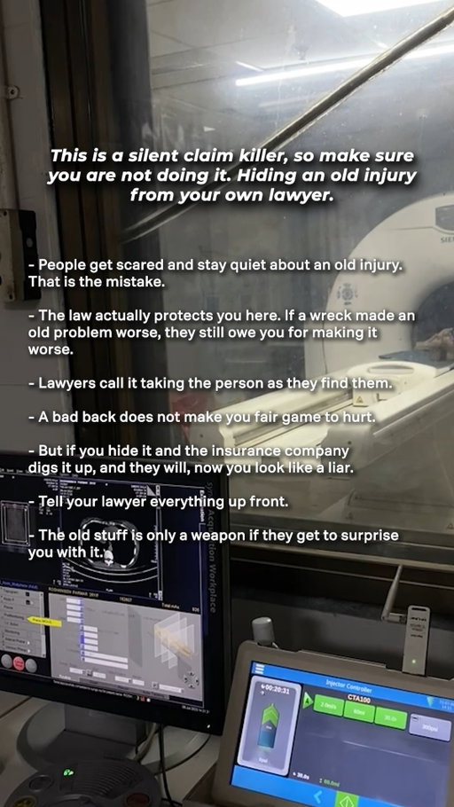 An old injury doesn't automatically ruin a personal injury claim. Hiding it can. If an accident made a previous condition worse, you may still have a claim for that aggravation.

Be honest with your lawyer from day one.

Send this to someone who needs to hear it.

#PersonalInjury #TexasLaw #PersonalInjuryClaim #CarAccident #WestTexas #KeithAndLorfing