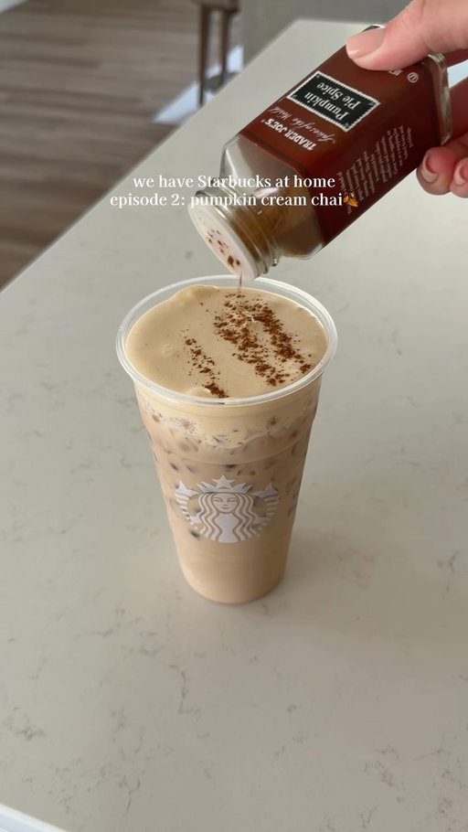 A classic pumpkin cream chai pumpkin cream 
-1tsp pumpkin puree
-1tbsp vanilla bean syrup
-1/2tbsp pumpkin sauce 
-3 tbsp heavy cream
pumpkin pie spice for the top
#pumpkinchai #pumpkincream #starbucksathome #fallseason #pumpkinseason @tazo @organicvalley