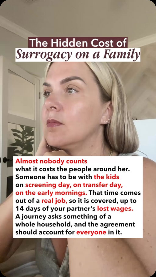 A surrogacy journey doesn’t only take time from the surrogate.

Her partner may also need time off for appointments, childcare, transfers and other parts of the journey.

That time matters too and some programs help cover those lost wages.

When comparing compensation, look beyond the headline number. See how the agency supports the whole family.

#surrogacy #surrogate #surrogatecompensation #gestationalcarrier #surrogacyjourney