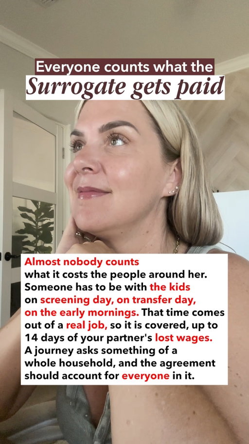 When you think about surrogate compensation, don’t forget the second person whose time may be affected: her partner.

Appointments, childcare and important journey days can mean missed work and some programs provide lost-wage support for that time.

The headline number doesn’t always tell the whole story.

#surrogacy #surrogate #surrogatecompensation #gestationalcarrier #surrogacyjourney��
