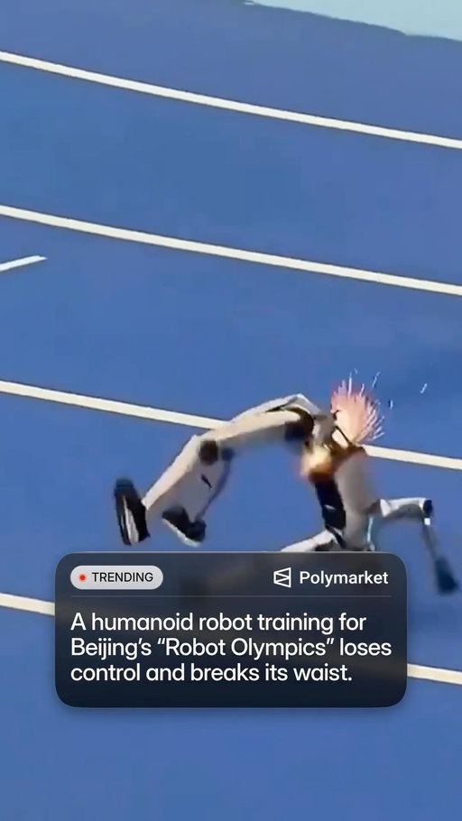 A humanoid robot training ahead of Beijing’s World Humanoid Robot Games went viral after a high-speed practice run ended in a dramatic crash.

The robot sprinted down the track but appeared unable to slow itself in time, slamming into a padded safety barrier before buckling at the waist as sparks flew from its body.

The crash came just days before the second World Humanoid Robot Games, which run from August 22–26 and will bring together 2,056 robots from 666 teams across 16 countries. Events range from sprinting and soccer to firefighting, retail assistance and other real-world tasks, as organizers push humanoid robots to become faster and more autonomous.

The mishap also showed one of the biggest challenges facing increasingly fast humanoid robots: running quickly is only useful if they can balance, brake and recover safely at those speeds.

Traders predict only an 8% chance Tesla will release a humanoid robot before 2027.