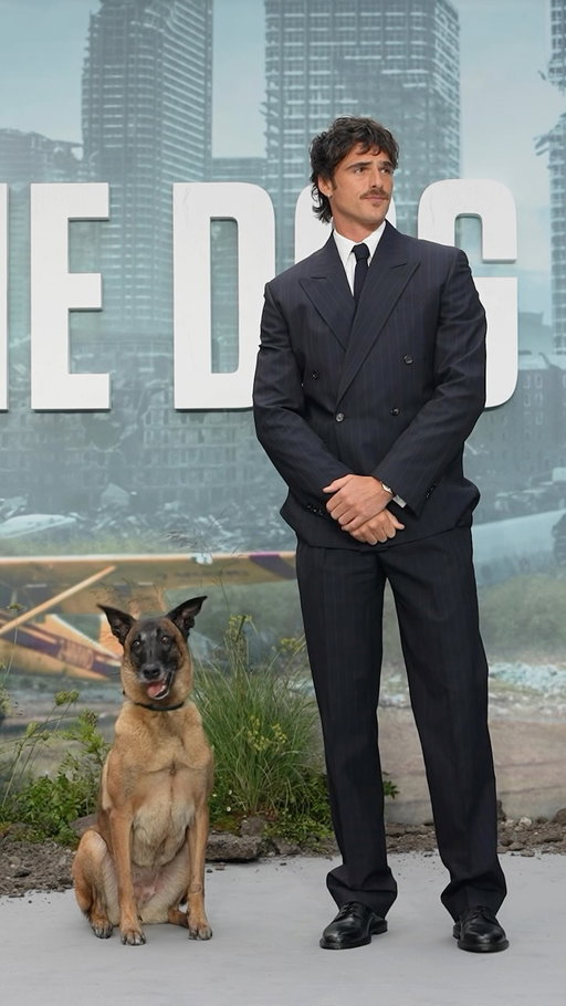 Just a man and his best friend. In head-to-toe #BottegaVeneta, #JacobElordi arrived at the London premiere of #TheDogStars with his on-screen partner, Rak Jasper.