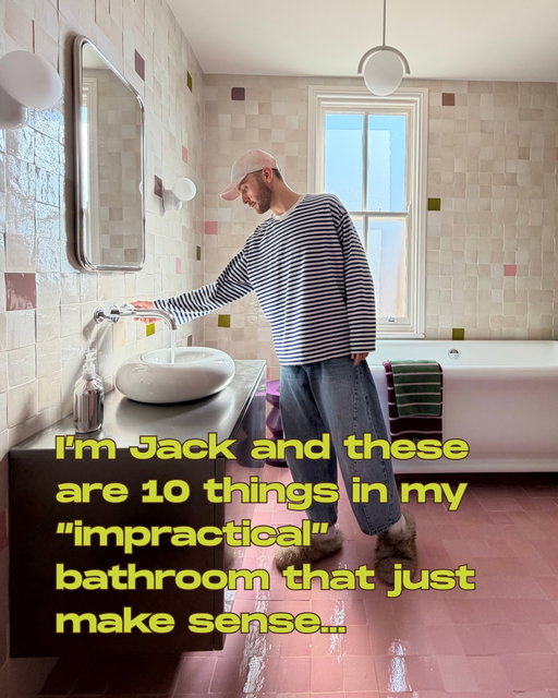 Welcome to my bathroom - very kindly named “impractical” by many 😅 let me show you around… 

First a little reminder of where we started (there wasn’t anything ‘wrong’ with this bathroom it just wasn’t our vibe). We went from this…

To this…I mean, c’mon! 

I’ve wanted one of these Trone Orbe sinks for yeaaaars!! This is probably the thing most people say is impractical, and I agree. 

The bowl area itself is pretty small and there is no plug to actually stop it draining. But I still LOVE it! 🤩 

I had this floating vanity custom made. It’s a timber carcass clad with stainless steel - basically one BIG drawer, so plenty of storage. 

I did actually get a design etched into the steel, but when it arrived in person I hated it - after hours and days of sanding it down, we got there (well Thom got there) 🙏 

Stainless steel has a lot of pros for being in the bathroom (I think) buuuuuut you have to be willing to deal with smudges and marks!

The star of the show - the green & pink walk-in shower. 

This is essentially the same size as the old shower, but one thing I hated with the old shower was the lack of storage.

So, I knew I wanted a pony wall…

…with a hidden recess so we can hid all our not so aesthetic products…

…and then a display recess purely to display our more aesthetically pleasing products, because I’m that extra 🤭

A HUGE bath was a must! I initially wanted a Water Monopoly one (iykyk) but the lead times were insane! 

I went for this ‘Senator’ one with ball feet instead. It actually turned out to be much better, it’s slightly larger, which means I can enjoy it without any need to bend my knees 🥹 

Trying to find nice heated towel rails is actually so difficult - I was a bit skeptical about these Eskimo Gordon ones. 

However I’ve been really pleasantly surprised, it kind of blends into the background, and kicks out quite a bit of heat 🔥 

If you’re going to do a WC you may as well go big…pink everywhere kind of big! 🚽 

Can we just take a moment for this toilet 🤩 - it’s from the same brand as the sinks. 

This is another one of the things lots of you have said is impractical - and yeah, probably agree. The flush on these toilets is pretty w