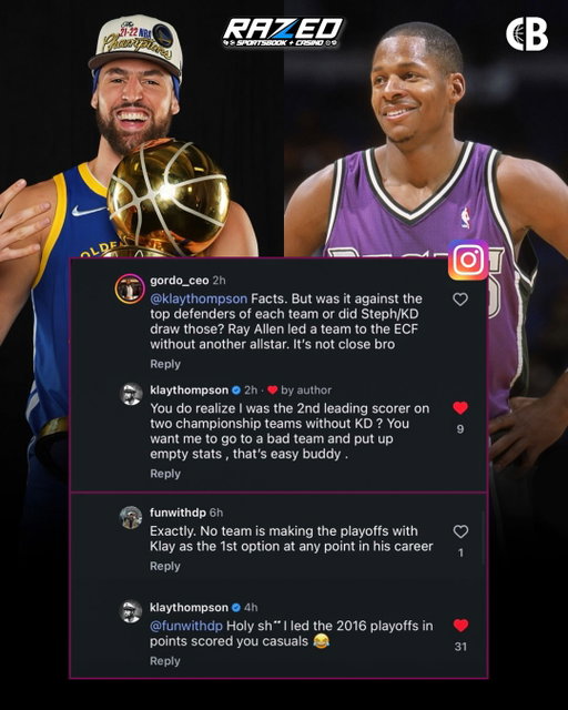 Klay Thompson got into it with fans on Instagram after a debate comparing his career to Ray Allen’s 🗣️

“You want me to go to a bad team and put up empty stats,” Klay fired back before reminding fans he was the second-leading scorer on two championship teams without Kevin Durant.

He later doubled down after more pushback, writing, “I led the 2016 playoffs in points scored, you casuals.”

Thoughts? 🤔

Via. @swishlistpod