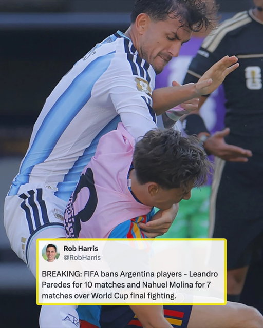 LEANDRO PAREDES HAS BEEN HANDED A 10-MATCH BAN FOR HIS WORLD CUP FINAL POST-GAME ANTICS 😮

Paredes grabbed Eric Garcia by the throat and attacked Gavi following the full-time whistle, after Spain beat Argentina 1-0 in the final of the World Cup last month. 

Paredes was not originally punished in the moment, which drew criticism from many media members and fans. 

Nahuel Molina, whose physical altercation with a celebrating Rodri started the post-game fight, was also suspended for seven matches.

Thiago Almada (1) and Pablo Martin Paez Gavira (1) have also been suspended. The suspensions will only apply to international football.

Separate from the suspensions, the Argentina Football Association (AFA) was fined $321k for rules breaches related to the scuffle, and must play their next home matches at 50% capacity.