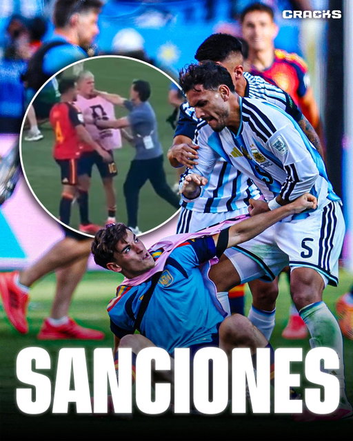 🚨 ¡DURAS SANCIONES DE FIFA TRAS LA FINAL DEL MUNDIAL! 🇦🇷🇪🇸

La FIFA ya confirmó las sanciones por los incidentes ocurridos después de la final entre Argentina y España:

🇦🇷 Leandro Paredes: 10 partidos + multa de $90,000
🇦🇷 Nahuel Molina: 7 partidos + $90,000
🇦🇷 Roberto Ayala: 3 partidos + $30,000
🇦🇷 Thiago Almada: 1 partido + $30,000
🇪🇸 Gavi: 1 partido + $30,000

⚠️ Las suspensiones se aplicarán únicamente en partidos de selecciones nacionales, no a nivel de clubes.

La sanción más fuerte es para Paredes, quien se perderá 10 encuentros con Argentina. Además, FIFA también impuso sanciones a la AFA por distintos incidentes relacionados con el Mundial.