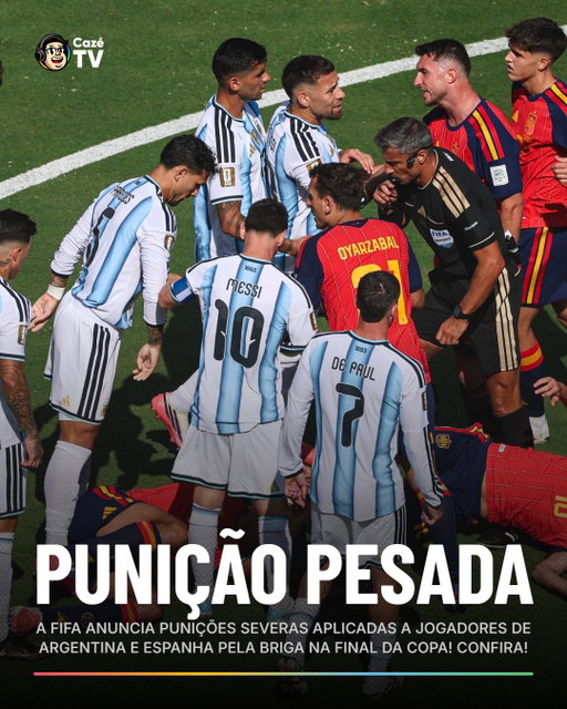 🚨 PUNIÇÕES PESADAS! A Fifa anunciou as sanções pelos incidentes envolvendo Argentina e Espanha na final da Copa do Mundo.

🇦🇷 Leandro Paredes: 10 jogos de suspensão + multa de R$ 465 mil
🇦🇷 Nahuel Molina: 7 jogos + R$ 465 mil
🇦🇷 Thiago Almada: 1 jogo + R$ 155 mil
🇪🇸 Gavi: 1 jogo + R$ 155 mil
🇦🇷 Roberto Ayala (auxiliar): 3 jogos + R$ 155 mil

A AFA também foi multada em R$ 1,658 milhão por diferentes infrações durante a Copa, incluindo manifestações políticas, má conduta da equipe e cantos e gestos discriminatórios da torcida. 

#CoberturaCazéTV #cztv23