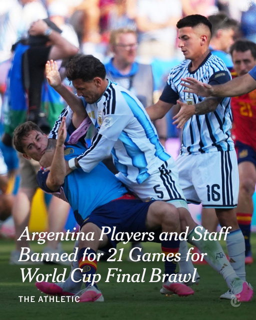 Argentina's staff and players are banned for a combined 21 games for brawling after their loss to Spain in the World Cup final.

Leandro Paredes has been given a 10-match ban after appearing to grab Spain defender Eric Garcia by the throat and then throwing midfielder Gavi to the ground, while Argentina defender Nahuel Molina has been suspended for seven games after he appeared to strike Spain midfielder Rodri in the stomach. Both Paredes and Molina have also been fined $90,000.

Argentina attacking midfielder Thiago Almada has been given a one-match ban for unsporting behaviour, while team official Roberto Ayala has been suspended for three matches for one count of assault, and the pair have also been fined $30,000 each.

Gavi is the only member of Spain's team to be sanctioned, receiving a one-match ban and a $30,000 fine for unsporting behaviour.

Tap the link in bio to read about FIFA's decision.

Photo: Julio Cortez/Associated Press