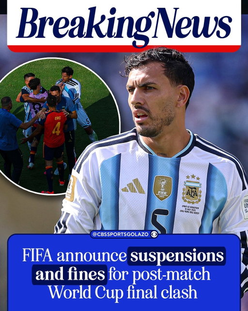 FIFA have handed out a series of punishments following the post-match clash between Argentina and Spain in the World Cup final.

❌ Leandro Paredes: 10-game ban + $90,000 fine
❌ Nahuel Molina: 7-game ban + $90,000 fine
❌ Thiago Almada: 1-game ban + $30,000 fine
❌ Roberto Ayala: 3-game ban + $30,000 fine
❌ Gavi: 1-game ban + $30,000 fine

Argentina’s next two home matches will also be limited to 50% capacity along with a $321,000 fine 💰