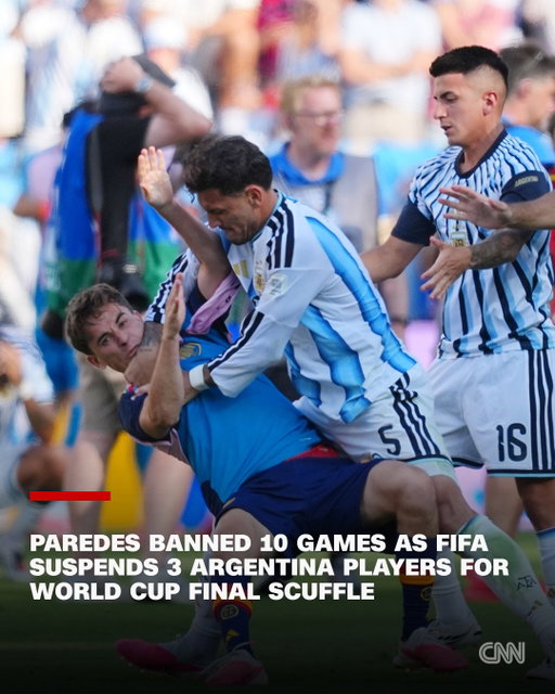 FIFA banned three Argentina players on Friday, including a 10-match suspension for midfielder Leandro Paredes, for striking Spain opponents after losing the World Cup final.

The ban for Paredes — who grabbed Spain’s Eric García by the throat and pushed Gavi to the ground — ranks with the FIFA sanctions for Uruguay forward Luis Suárez in 2014 as among the most severe in World Cup history.

Argentina defender Nahuel Molina was handed a seven-game ban while Thiago Almada was given a one-game suspension. FIFA imposed fines of $90,000 on Paredes and Molina, and $30,000 for Almada.

Tap our link in bio for more.

📸: Julio Cortez/AP