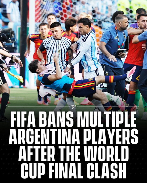 FIFA have handed out bans and fines to three Argentina players following the post-match brawl after Spain’s 1-0 World Cup final win. Leandro Paredes received the heaviest punishment with a 10-match ban and a $90,000 fine after grabbing Eric García by the throat and pushing Gavi. Nahuel Molina got seven games and Thiago Almada one. The AFA were also fined $321,000 and ordered to play their next two home matches at 50% capacity.

Paredes’ 10-game ban is effectively a year out of the Argentina squad and ranks among the most severe FIFA sanctions in World Cup history, alongside Luis Suárez’s ban in 2014.

#Pubity #Viral #Sports