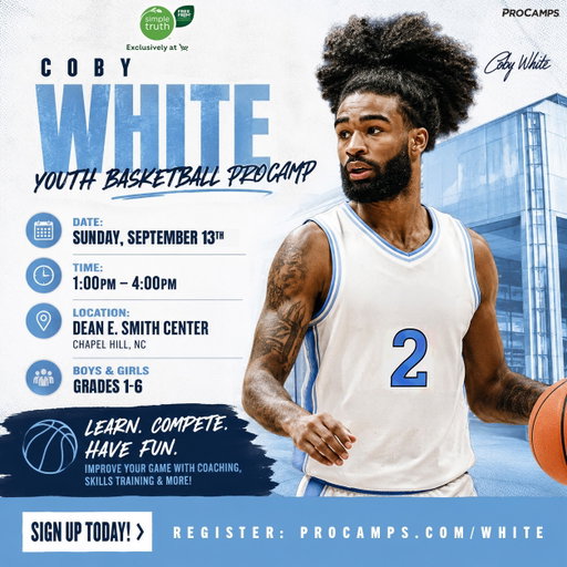 Let’s hoop! My @SimpleTruth4U Youth Basketball Camp is on for Sunday, September 13th in Chapel Hill!🏀
 
Boys & Girls, Grades 1-6.
 
📅 Date: September 13th 📍 Location: Dean E. Smith Center 
⏰ Time: 1:00pm – 4:00pm  
🏀 All skill levels welcome
🔗 ProCamps.com/White