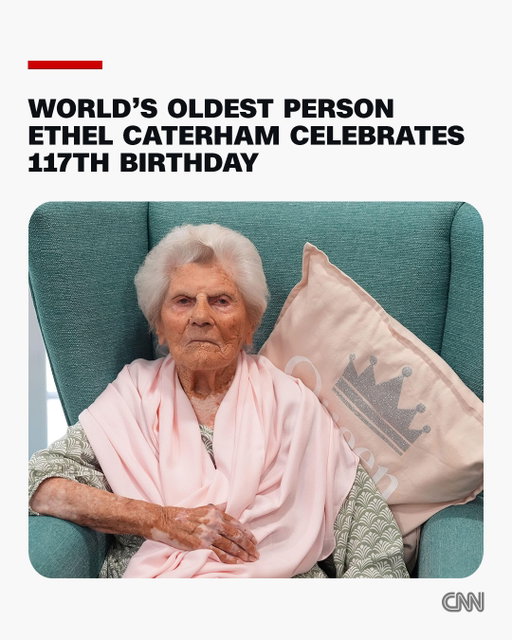 The world's oldest person, British woman Ethel Caterham, celebrated her 117th birthday on Friday.

Caterham, who lives in a care home in Surrey, about 25 miles outside London, is the first British person ever to live to 117, according to Guinness World Records (GWR).

"I've had a lovely day celebrating with my family and friends, and I look forward to seeing what next year brings," Caterham told the UK's PA Media news agency.

Caterham was visited by King Charles in September last year, shortly after her 116th birthday.

During the meeting, she recalled Charles' 1969 investiture as Prince of Wales, when he was 21, telling him: "All the girls were in love with you and wanted to marry you."

Caterham's 117 years have spanned two World Wars, the sinking of the Titanic, the Russian Revolution and the Covid-19 pandemic – she is one of the oldest people to survive the virus after contracting it in 2020 at the age of 110, according to GWR.

Born on August 21, 1909, in Shipton Bellinger, Hampshire, southern England, as the second youngest of eight children, Caterham is the last surviving person born during the reign of King Edward VII.

Tap the link in bio to read more.

📸 PA Images/Alamy; Jonathan Brady/PA