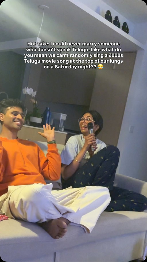 As real as it gets 🥹 I always knew that if I was going to date and marry someone, I wanted him to speak Telugu. My love for the language, old Telugu movies and Telugu songs is such a big part of me, and I really wanted someone I could share that with. Like randomly screaming 2000s songs at the top of our lungs on a Saturday night 😂

Also, please ignore the singing. We were feeling it. 😂😆
.
.
.
#telugucouple #telugusongs #couplereel #husbandandwife #telugubgm