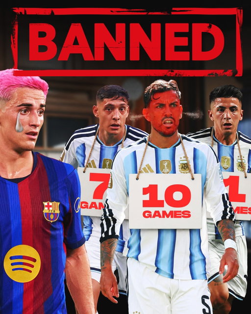 FIFA has handed down some serious punishments following the chaos after the 2026 World Cup final between Argentina and Spain.

❌🇦🇷10-match ban for Leandro Paredes
❌🇦🇷7-match ban for Nahuel Molina
❌🇦🇷3-match ban for Robert Ayala
❌🇦🇷1-match ban for Thiago Almada
❌🇪🇸1-match ban for Gavi

The AFA was also hit with a fine of around €250,000 for multiple disciplinary violations.

The post-match scenes clearly haven't been forgotten.

Argentina lost the World Cup final 1-0 to Spain, but the drama didn't end when the final whistle blew.

Now, FIFA has made sure the fallout will continue well into Argentina's next international fixtures.

The post-match scenes clearly haven't been forgotten.

Argentina lost the World Cup final 1-0 to Spain, but the drama didn't end when the final whistle blew.

Now, FIFA has made sure the fallout will continue well into Argentina's next international fixtures. 👀