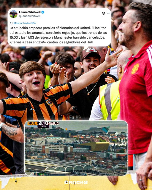 ¡DOBLE HUMILLACIÓN EN HULL! 🚕

😭 Mientras el Manchester United perdía 2-0 ante el Hull City, en el estadio anunciaron que los trenes de vuelta a Manchester estaban cancelados...

🗣️ Los locales cantaron: “¡Te vas a casa en taxi!”.