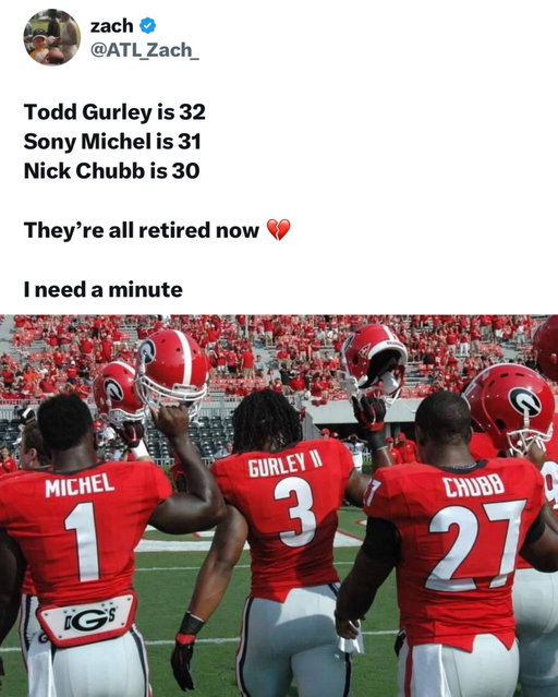 I will miss seeing this trio out there 😞

Nick Chubb, Todd Gurley, and Sony Michel made up one of the best RB rooms in college football history back in 2014.

Gurley was the established star as Michel and Chubb were just freshmen at the time.

All 3 retired from the NFL at a young age with Gurley being 26, Michel being 28, and Chubb being 30.