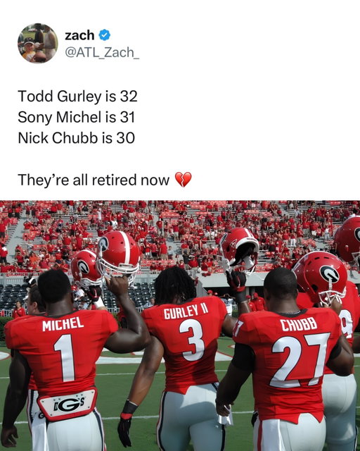 One of the greatest running back rooms in college football history is officially retired.

Todd Gurley, Sony Michel and Nick Chubb all starred at Georgia before putting together successful NFL careers. Gurley became an NFL Offensive Player of the Year, Michel won two Super Bowls, and Chubb earned four Pro Bowl selections.

Now, at just 32, 31 and 30 years old, all three have retired from football.

Follow @league for more!