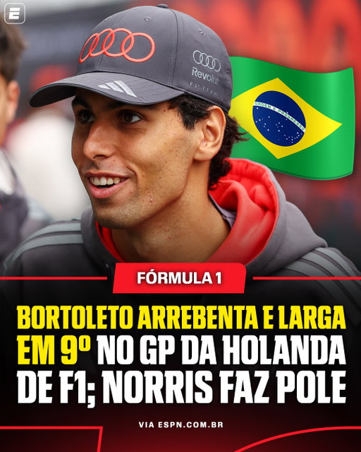 BOA, BORTOLETO! 👏🇧🇷 

O brasileiro Gabriel Bortoleto, da Audi, fez uma grande prova de classificação neste sábado (22) e conquistou a 9ª posição no grid de largada do GP da Holanda de Fórmula 1, que acontece neste domingo (23), no circuito de Zandvoort. O britânico Lando Norris, da McLaren, ficou com a pole position.

Bortoleto passou de maneira firme pelo Q3 e pelo Q2, ganhando o direito de disputar a parte da frente do grid.

Ele seguiu firme na parte final do treino e fechou na 9ª posição, logo à frente de Arvid Lindblad, da Racing Bulls.

#F1naESPN #Bortoleto