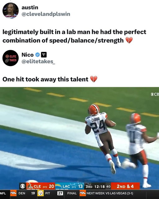 Prime Nick Chubb was so elite 🐐

Chubb officially announced his retirement at age 30 on August 21, 2026. He finished his NFL career with 7,349 rushing yards and 54 rushing touchdowns on 1,462 carries, averaging 5.0 yards per carry. He also recorded 1,200 receiving yards and 5 receiving touchdowns, giving him 8,549 total yards from scrimmage and 59 total touchdowns across 100 regular-season games. Chubb earned 4 Pro Bowl selections during his eight-year career with the Browns and Texans.

(@nfl)