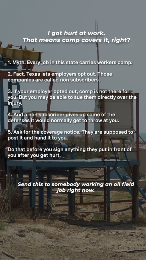 Think every Texas job automatically comes with workers' comp? Not necessarily. Texas allows some employers to opt out of the workers' compensation system, making them “non-subscribers.”

If you're injured at work, find out what coverage your employer actually carries before signing anything.

#TexasLaw #WorkplaceInjury #WorkersComp #OilfieldInjury #WestTexas #TexasLawyer #KeithAndLorfing