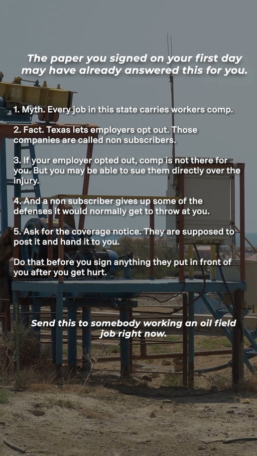 One of the first things to find out after a workplace injury: Does your employer actually carry workers' comp?

Texas is unique because employers can opt out of the traditional system. If yours has, the rules and your potential legal options can be very different.

Save this and send it to someone working in the oil field.

#WestTexas #OilfieldInjury #WorkplaceInjury #WorkersComp #TexasLawyer #PersonalInjuryLaw #KeithAndLorfing