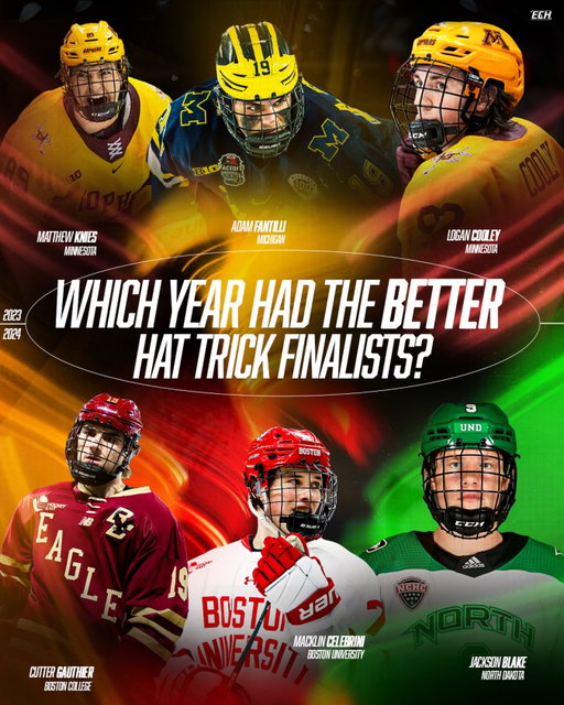 Two loaded years in a row! Which year had the better Hobey Hat Trick Finalists?

2023: Adam Fantilli, Logan Cooley & Matthew Knies

2024: Macklin Celebrini, Cutter Gauthier & Jackson Blake

#collegehockey #hobeybaker #nhl