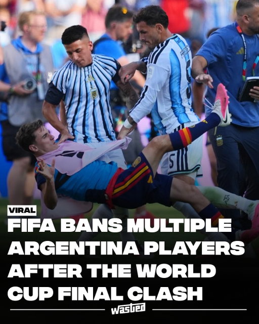 FIFA banned Leandro Paredes for 10 matches on Friday for grabbing Eric García by the throat and shoving Gavi to the ground after Argentina lost the World Cup final to Spain. He was fined $90,000. With 10 fixtures on the international calendar through June 2027, it removes him from the national team for a year, a sanction ranking alongside Luis Suárez’s in 2014 as the most severe in World Cup history.

Nahuel Molina got seven matches and $90,000 for trying to knock over Spain captain Rodri. Thiago Almada got one match and $30,000. Assistant coach Roberto Ayala received three matches and $30,000 after swinging at Dani Olmo. Gavi was banned for one game, ruling him out of Spain’s Nations League match against England at Wembley on September 26.

The Argentine Football Association was fined separately over a Falklands banner displayed after the semifinal win against England and discriminatory chanting by supporters, and ordered to spend $100,000 on anti-racism work and play its next home fixtures at half capacity.

Argentina took $34 million in prize money.

Sources: ESPN, CNN, Sky Sports