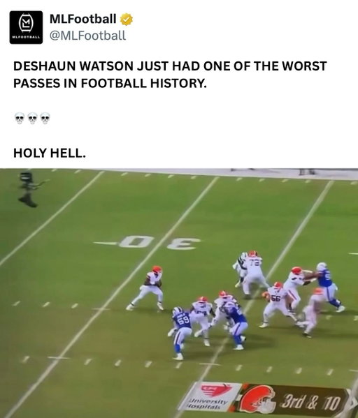 Deshaun Watson had a throw to forget during the Browns’ preseason game against the Buffalo Bills earlier today. 

Watson came into the game in the second half and ended up going viral for all the wrong reasons. With pressure coming at him, he tried to get rid of the ball and somehow threw a pass that went maybe 10 feet before hitting the ground. It was such a bad throw that it almost looked like the ball slipped out of his hand completely. 

Obviously it’s only preseason, but seeing an NFL quarterback with as much experience as Watson throw a ball that barely made it past the line of scrimmage is pretty wild. It was definitely one of those plays you have to watch a couple times just to figure out what happened.

#nfl #footballisback #footballseason #football #qb