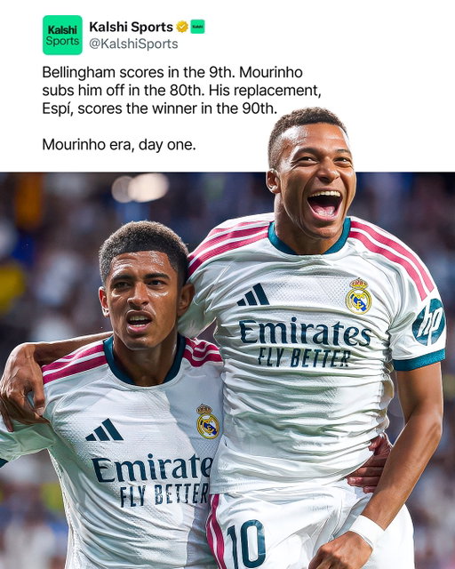 ⚪️✨ BELLINGHAM SCORES, ESPÍ GETS HIS FIRST!

Jude keeps carrying over his World Cup form and once again made his presence felt in the box to open the scoring.

Then Carlos Espí picked the perfect moment for his first: a 90th-minute goal to give Real Madrid a 2-1 win.
