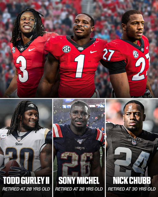 The end of an era 💔

With Nick Chubb announcing his retirement, this elite trio of Georgia running backs all retired at 30 years old or younger 🥺