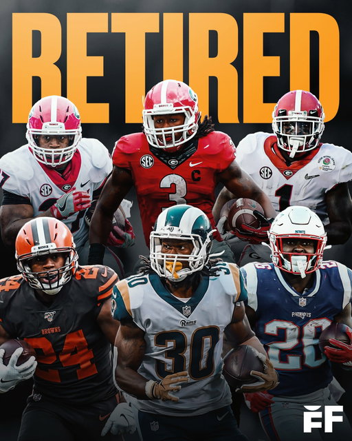 Todd Gurley, Sony Michel, and Nick Chubb, all of whom starred at the University of Georgia and were Top 35 draft selections, have retired from the NFL. 

Todd Gurley (32 years old) 
🔸Played at UGA from 2012-14 
🔸Selected by Rams 10th OVR in 2015
🔸Retired from the NFL before age 30 
🔸NFL Offensive Player of the Year (2017)
🔸NFL Offensive Rookie of the Year (2015)
🔸2x First-team All-Pro (2017, 2018)
🔸Second-team All-Pro (2015)
🔸3x Pro Bowl (2015, 2017, 2018)
🔸2x NFL rushing touchdowns leader (2017, 2018)
🔸PFWA All-Rookie Team (2015)
🔸First-team All-SEC (2012)
🔸Second-team All-SEC (2013)

Sony Michel (31 years old)
🔸Played at UGA from 2014-17
🔸Selected by Pats 31st OVR in 2018
🔸Retired from the NFL before age 30 
🔸2x Super Bowl champion (LIII, LVI)

Nick Chubb (30 years old) 
🔸Played at UGA from 2014-17 
🔸Selected by Browns 35th OVR in 2018
🔸Retired from the NFL at age 30 
🔸Second-team All-Pro (2022)
🔸4x Pro Bowl (2019–2022)
🔸First-team All-SEC (2014)
🔸Second-team All-SEC (2017)
🔸SEC Freshman of the Year (2014)

The members of Georgia's iconic running back room in 2014 have all hung up the cleats 🫡
