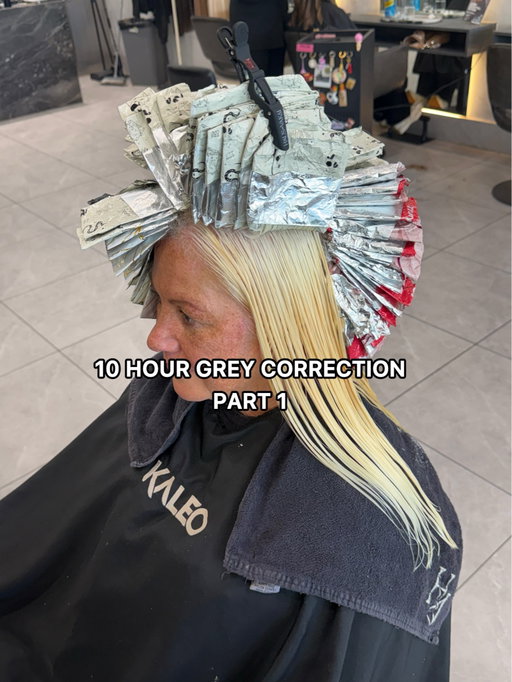 YOU ASKED FOR IT, WE DELIVERED 👏🏼

This is Part 1 of our 10-HOUR GREY COLOUR CORRECTION that over 1 MILLION of you have already watched 🤯

We started by removing as much of that old colour as possible using Malibu C Direct Dye Lifter, doing two separate 30-minute sessions.

Then it was time for the PLATINUM CARD.

Working in clean 1cm sections, we went back-to-back with Redken Flash Lift Bonder + 20 vol, making sure every section was completely saturated.

Now, I know what you’re thinking… why lighten everything when we’re trying to create a grey blend?

Because this is a colour correction first.

My goal was to remove as much of that previous colour as possible and create a CLEAN CANVAS. Yes, we’re temporarily going against some of her natural depth, but this gives me complete control over what I strategically put back in.

And that’s exactly what happens in PART 2.

We start rebuilding the colour, strategically adding our lowlights, depth and dimension to mimic her natural grey pattern and create a result that’s going to work beautifully LONG TERM.

Sometimes you have to remove everything before you can strategically put back exactly what you need.

Comment PART 2 because it’s dropping TOMORROW FIRST THING 🔥