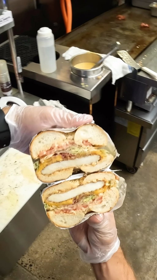 OG Chicken Cutlet Sandwich 🥯  Chicken Cutlet, Cheddar Cheese, Lettuce, Jersey Tomatoes, O’Saucy, topped with  Crispy Bacon