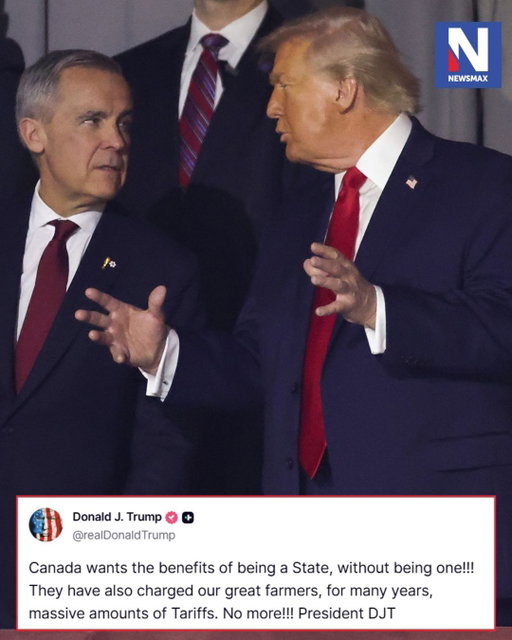 TRUMP SLAMS CANADA: Canadian Prime Minister Mark Carney announced retaliatory tariffs on the United States on Saturday, after walking away from a "bad deal" on trade in a deepening rift between the longtime allies.⁣
⁣
Negotiations between the neighboring countries broke down Friday in Washington, putting into force new 50-percent US tariffs impacting about $20 billion worth of goods, or 5.5 percent of Canadian exports to the United States.⁣
⁣
Impacted products range from hockey sticks to cement.⁣
⁣
For more info on this story, please visit the link in our bio or Newsmax.com.