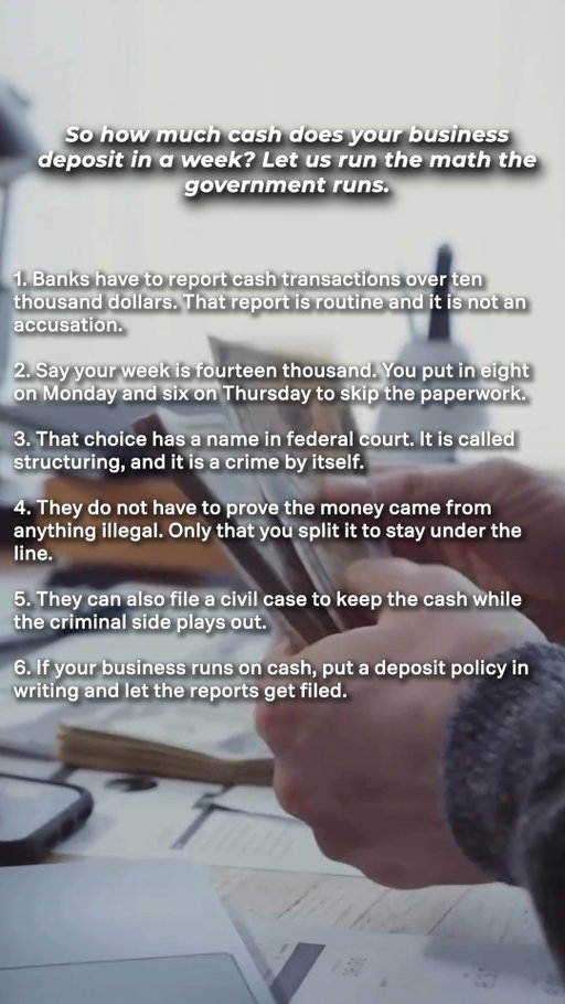 Cash deposits aren't automatically suspicious—but structuring them to avoid bank reporting requirements can create a serious federal problem. Even if the money was earned legally, deliberately splitting deposits to stay below reporting thresholds can be prosecuted.

If your business handles a lot of cash, understand the rules before you make a deposit.

Free federal course in the bio.

#FederalLaw #FederalCriminalDefense #Structuring #MoneyLaundering #BusinessLaw #FederalInvestigation #KeithAndLorfing
